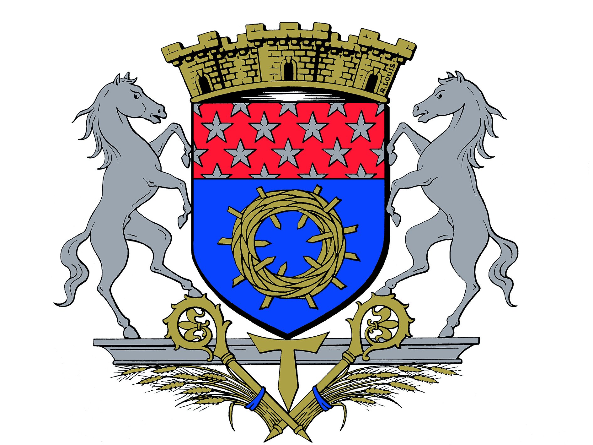 Wappen Le Plessis Trevise blau rot und 2 Pferde